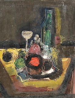 Erich Schmid (Austrian, 1908-1984)      Still Life with Fruit and Bottle