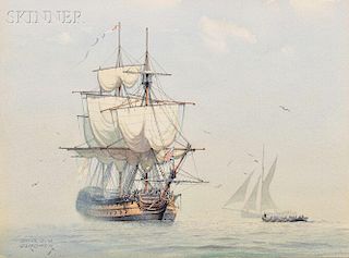 Derek George Montague Gardner (British, 1914-2007)      "Drying her topsails"/His Britannic Majesty's Ship "WARRIOR" at anchor
