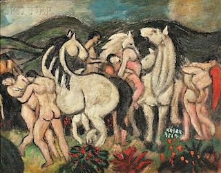 Attributed to Béla Kádár (Hungarian, 1877-1955)      Nudes and Horses in a Landscape