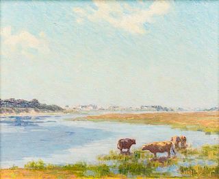 Charles Haydon, (American, 1856-1901), Cows by the River
