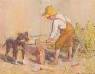 * Adam Emory Albright, (American, 1862-1957), Boy Chopping Firewood with Dog, 1901