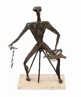Abstract copper sculpture of a fishmonger