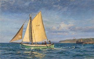 Wilhelm Arnesen, (Danish, 1865-1948), Sailboat off the Coast, 1908