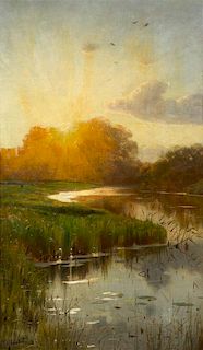 Peder Mork Monsted, (Danish, 1859-1941), Sunset over the Vik, 1897