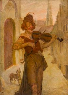 Oskar Gross, (Austrian, 1871-1963), Fiddler with Dog