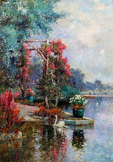 Alfred de Breanski, (British, 1852-1928), A Garden on the Upper Thames
