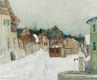 Bernard Gantner, (French, b. 1928), Chalets savoyards sous la neige