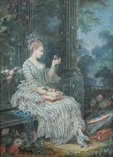Pierre Antoine Baudouin, (French, 1723-1769), Jeune femme assise dans un parc