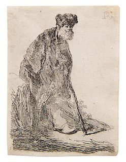 Rembrandt van Rijn, (Dutch, 1606–1669), Man in Cloak & Fur Cap, Leaning Against a Bank, c. 1630