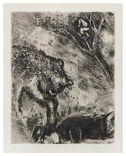 Marc Chagall, (French/Russian, 1887-1985), L'ours et les deux compagnons (pl. 63 from Les fables de la Fontaine), 1952