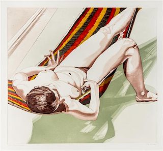 Philip Pearlstein, (American, b. 1924), Nude on Striped Hammock, 1974