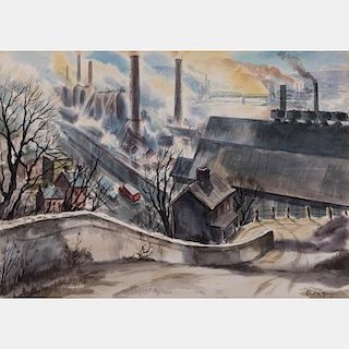 Robert R. Young (20th Century) Mills Along the Valley Monogahela River, Watercolor on paper,