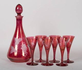 Czecho-Bohemian etched ruby glass decanter set