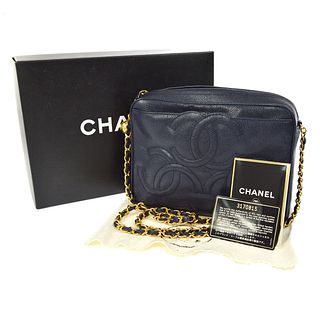 CHANEL Triple CC Chain Shoulder Bag Navy Caviar Skin Leather GHW