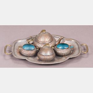 A Chinese Silvered Copper and Enameled Tea Set and Tray, 20th Century.