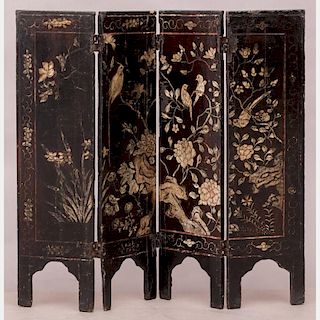 A Diminutive Chinese Carved and Lacquered Four Panel Floor Screen, 20th Century.