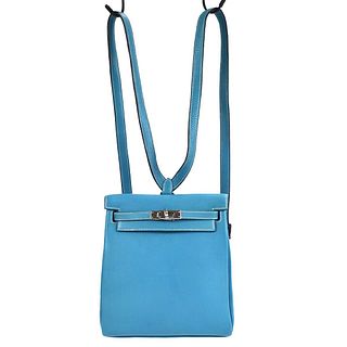 HERMES KELLY ADO PM Backpack Handbag PC Purse Veau Crispe Togo Blue jean