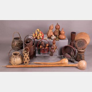 A Collection of Japanese Ikebana Wicker Baskets and Gourds, Meiji and Showa Periods.