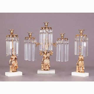 A Gilt Brass and Crystal Girandole Set, 19th Century,