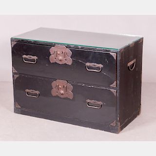 A Japanese Lacquered Low Chest with Wrought Metal Fittings, Meiji Period.
