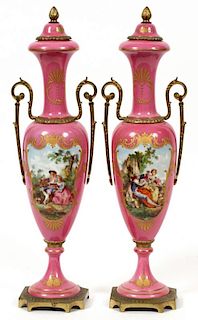 FRENCH PINK PORCELAIN URNS C. 1920-1930 PAIR