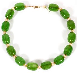 GREEN AMBER BEAD PEARL & GOLD FILLED NECKLACE