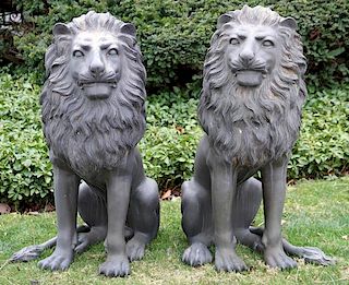 BRONZE SEATED GARDEN LIONS, PAIR