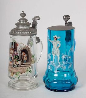 Two German pewter-mounted glass steins