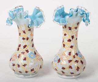 Pair of German enameled cased glass vases