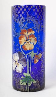 German enamel decorated cobalt glass vase