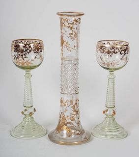 Two German gilt and enamel glass goblets & vase
