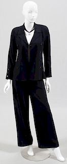 CHANEL BOUTIQUE NAVY WOOL PANT SUIT THREE PIECES
