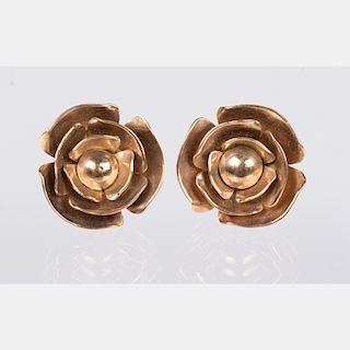 A Pair of 14kt. Yellow Gold Flower Form Earrings.