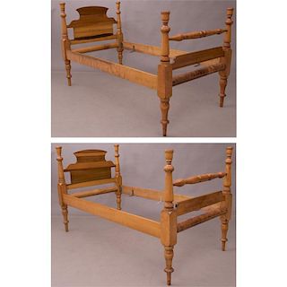 A Pair of American Curly Maple Twin Beds, 20th Century.