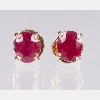 A Pair of 14kt. Yellow Gold and Ruby Earrings,