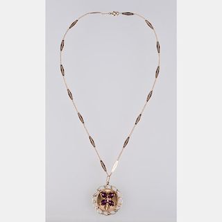 A 14kt. Yellow Gold, Amethyst and Diamond Pendant with a 14kt. Yellow Gold Necklace.
