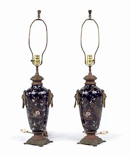 Pair of English Aesthetic Movement enameled lamps