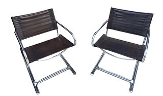 Pair Mid Century Leather Chrome Cantilever Chairs by WALTER KIDDE