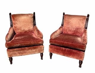 Pair Eastlake Victorian Faded Pink Upholstered Arm Chairs 