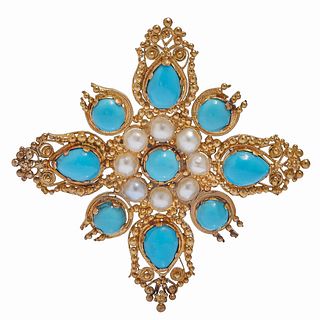 VICTORIAN TURQUOISE AND PEARL BROOCH