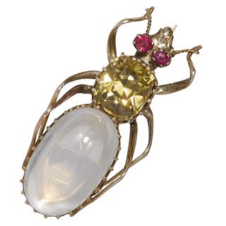 ANTIQUE MOONSTONE, CITRINE AND RUBY BEETLE BROOCH