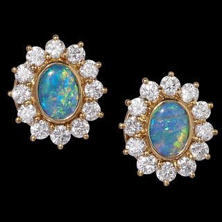 PAIR OF OPAL AND DIAMOND CLUSTER EARRINGS