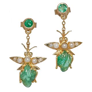 PAIR OF EMERALD AND PEARL FLY EARRINGS