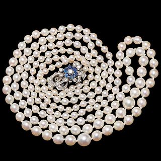 NO RESERVE, DOUBLE ROW CULTURED PEARL NECKLACE WITH SAPPHIRE AND DIAMOND CLASP
