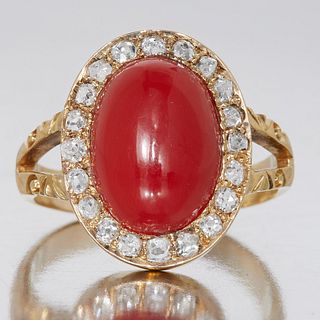 NO RESERVE, CORAL AND DIAMOND CLUSTER RING