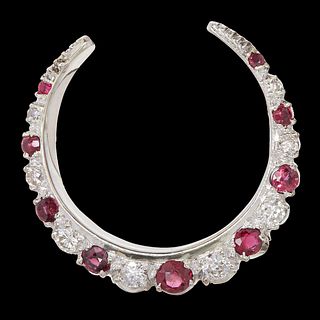 RUBY AND DIAMOND CRESCENT BROOCH,