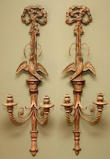 FEDERAL STYLE CARVED WOOD TWO-LIGHT WALL SCONCES