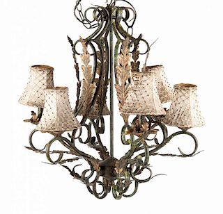 Rusticated metal six-light chandelier