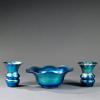 Steuben Blue Aurene Center Bowl and Pair of Vases