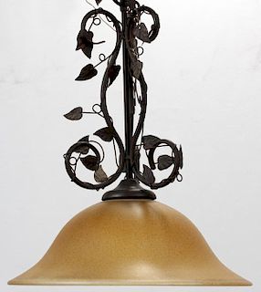 WROUGHT IRON AND AMBER GLASS HANGING LAMP
